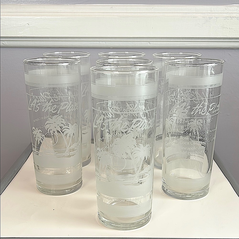 7 LA’s the Place VTG glass tumblers palm trees ocean design Green Eyes recipe